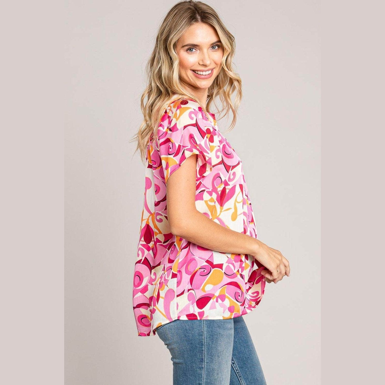 Cotton Bleu by Nu Label Abstract Print Short Sleeve Top - VacationGrabs