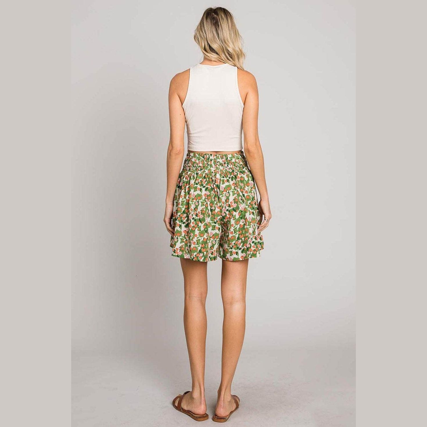 Cotton Bleu by Nu Label Floral Printed Smocked Waist Skorts - VacationGrabs