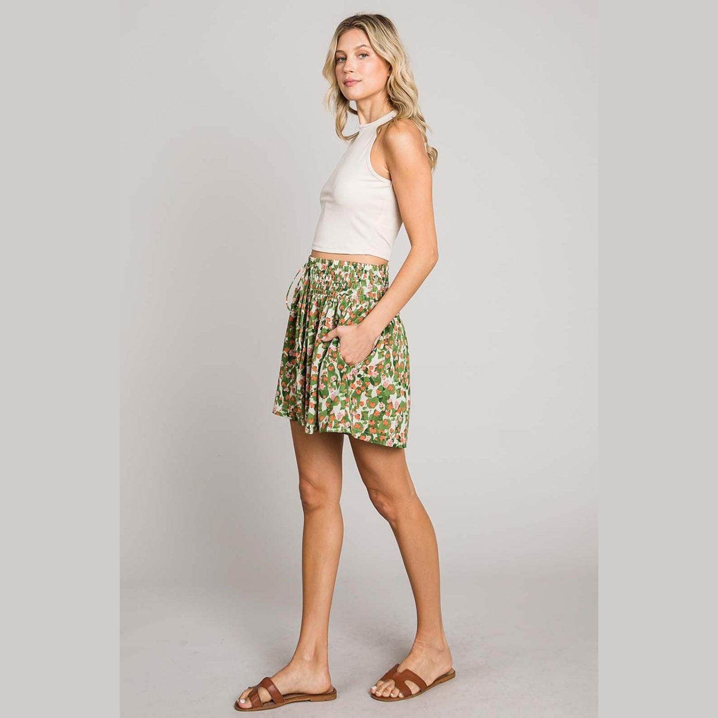 Cotton Bleu by Nu Label Floral Printed Smocked Waist Skorts - VacationGrabs
