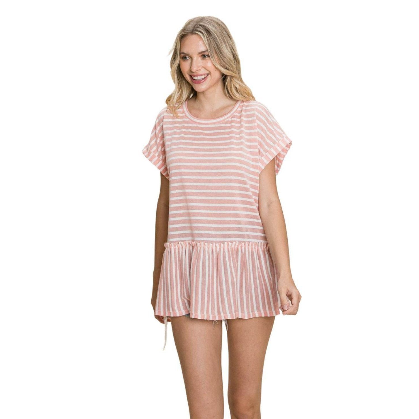 Cotton Bleu by Nu Label Striped Ruffled Short Sleeve Top - VacationGrabs