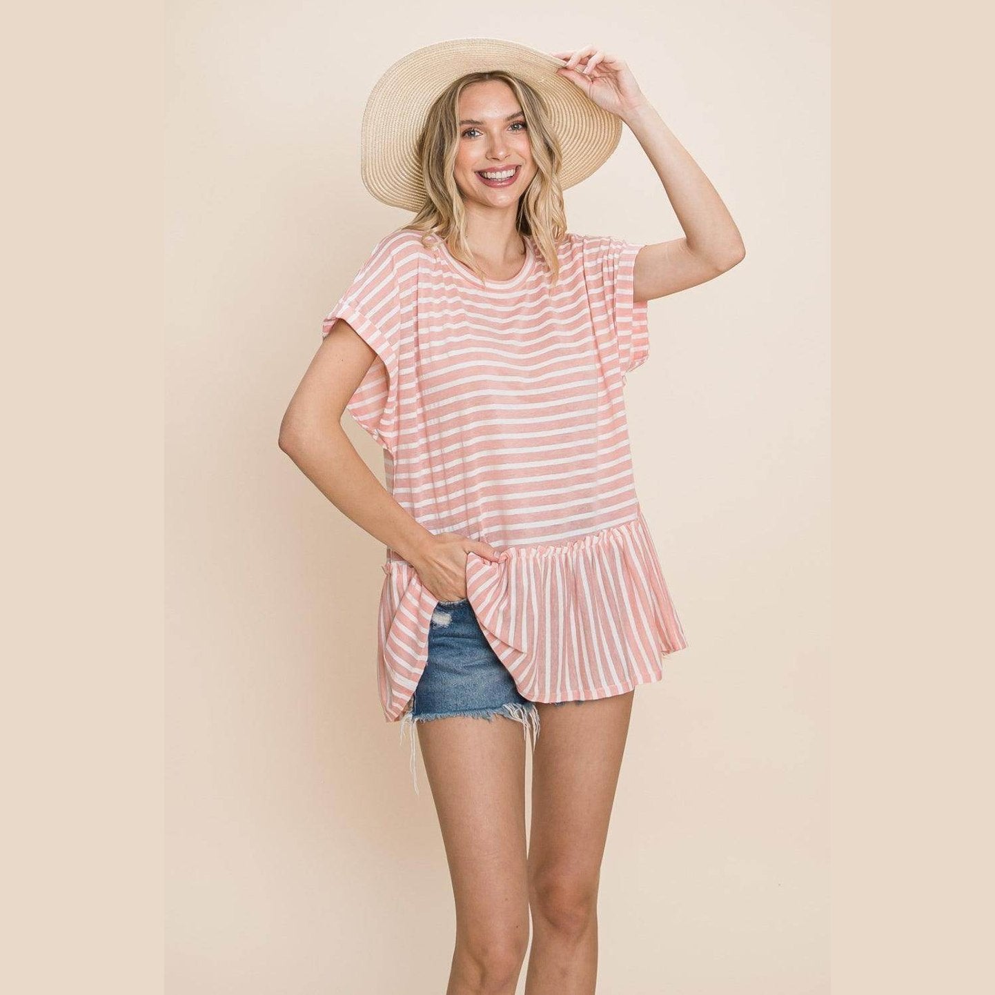 Cotton Bleu by Nu Label Striped Ruffled Short Sleeve Top - VacationGrabs