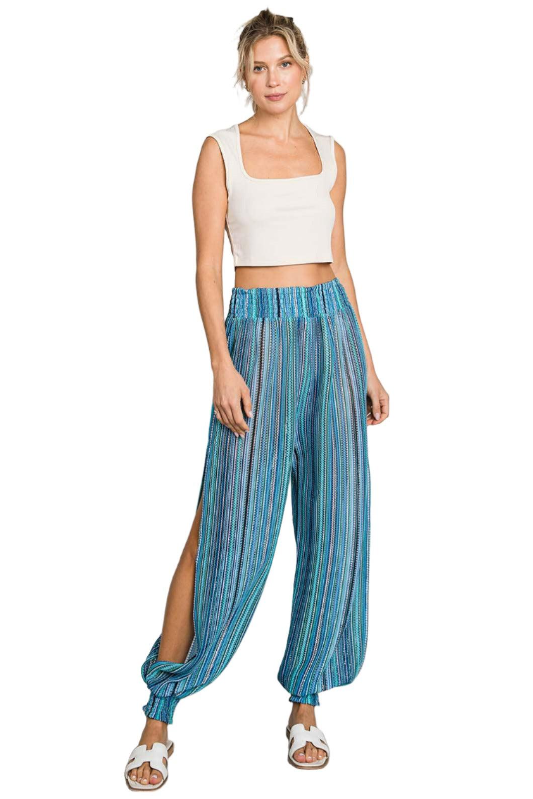 Women's Pants Cotton Bleu by Nu Label Striped Smocked Cover Up Pants