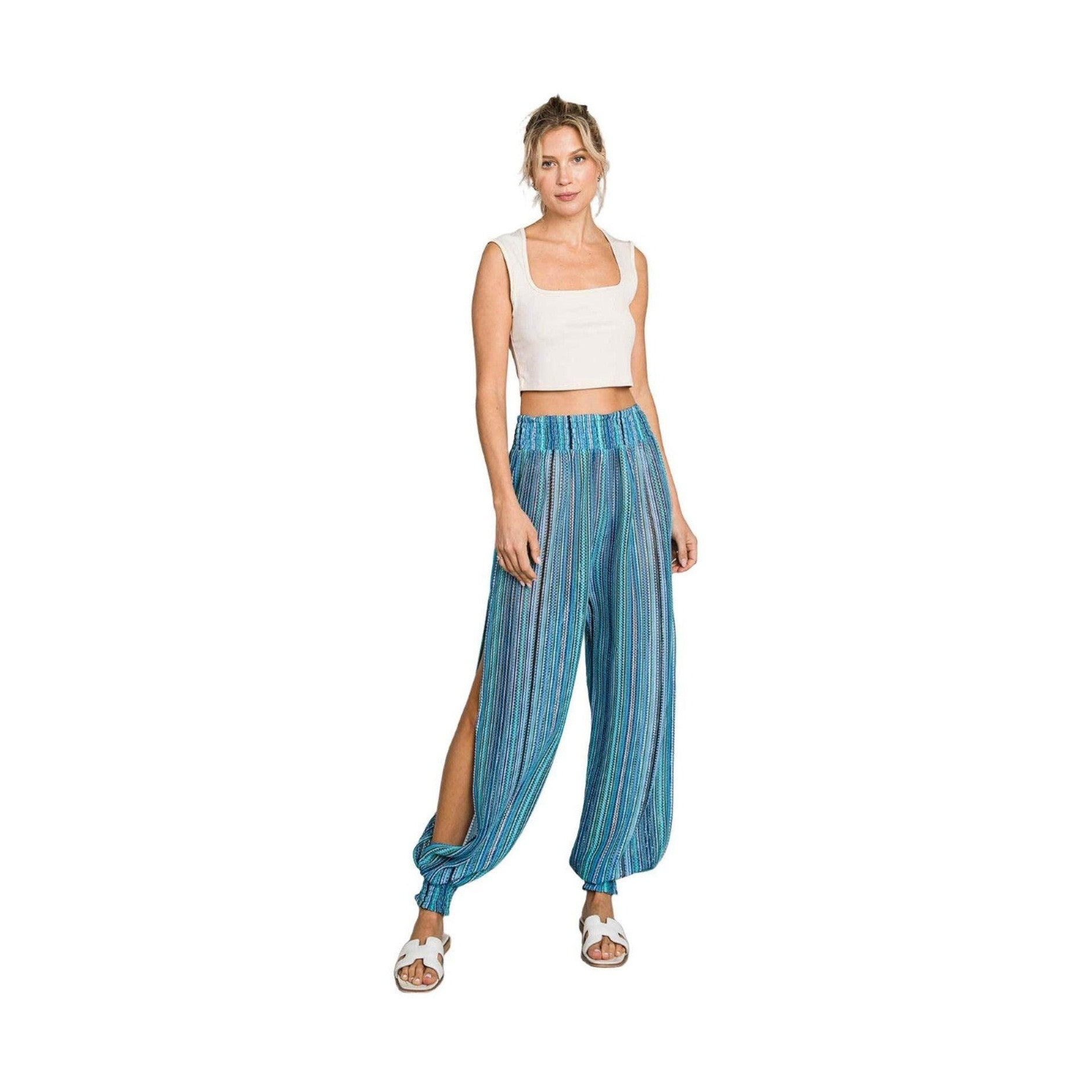 Cotton Bleu by Nu Label Striped Smocked Cover Up Pants - VacationGrabs