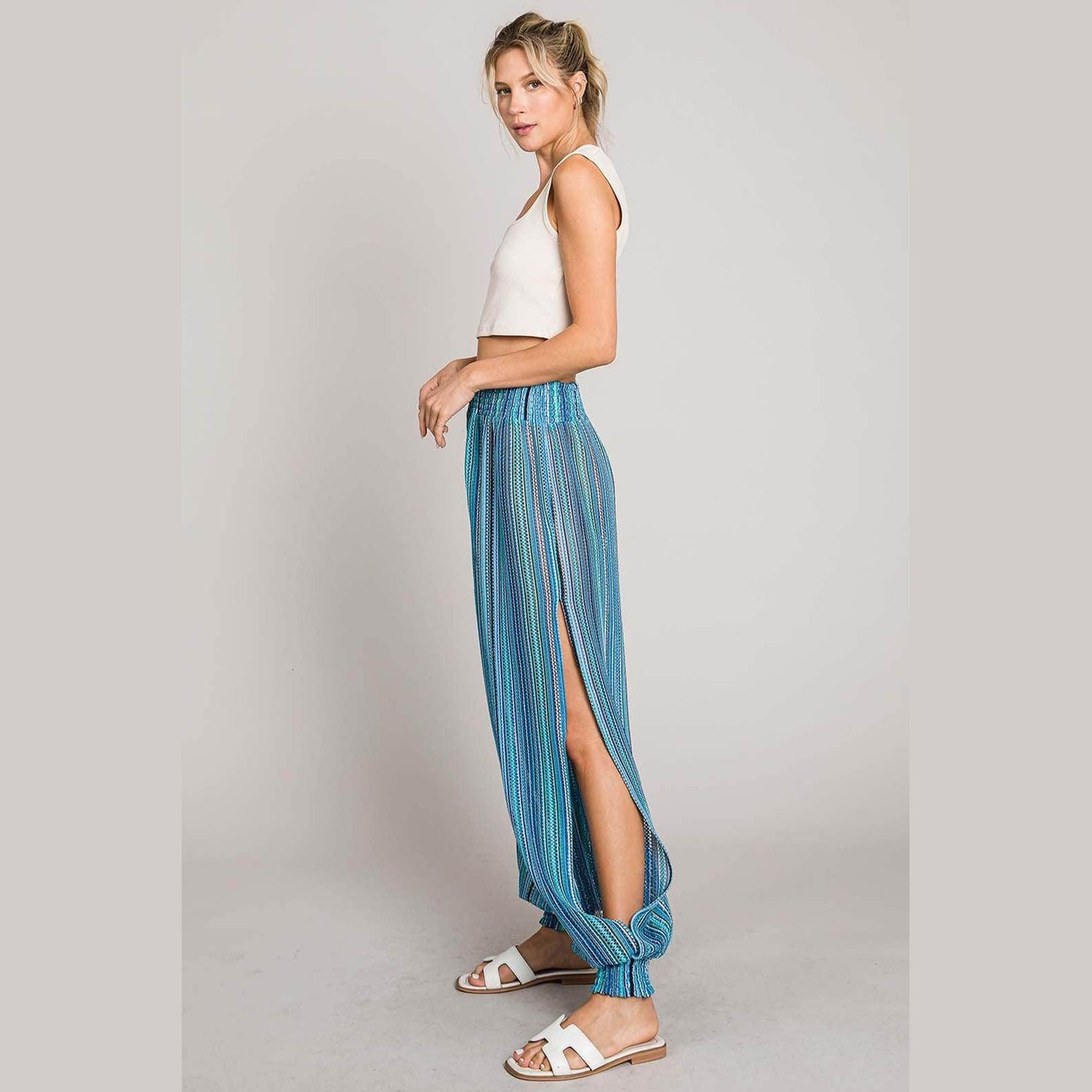 Cotton Bleu by Nu Label Striped Smocked Cover Up Pants - VacationGrabs