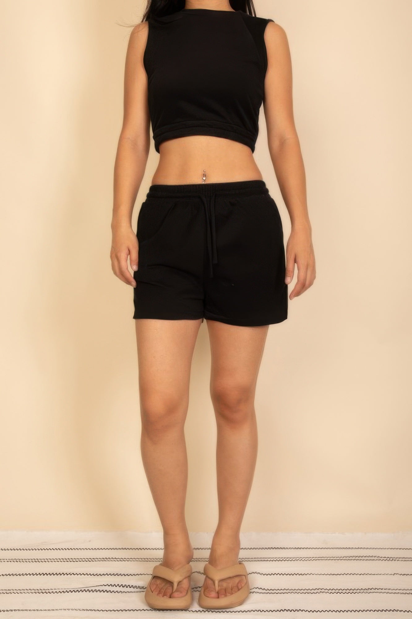 Stylish black cotton French terry crop top and shorts set for comfortable casual wear