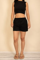 Stylish black cotton French terry crop top and shorts set for comfortable casual wear