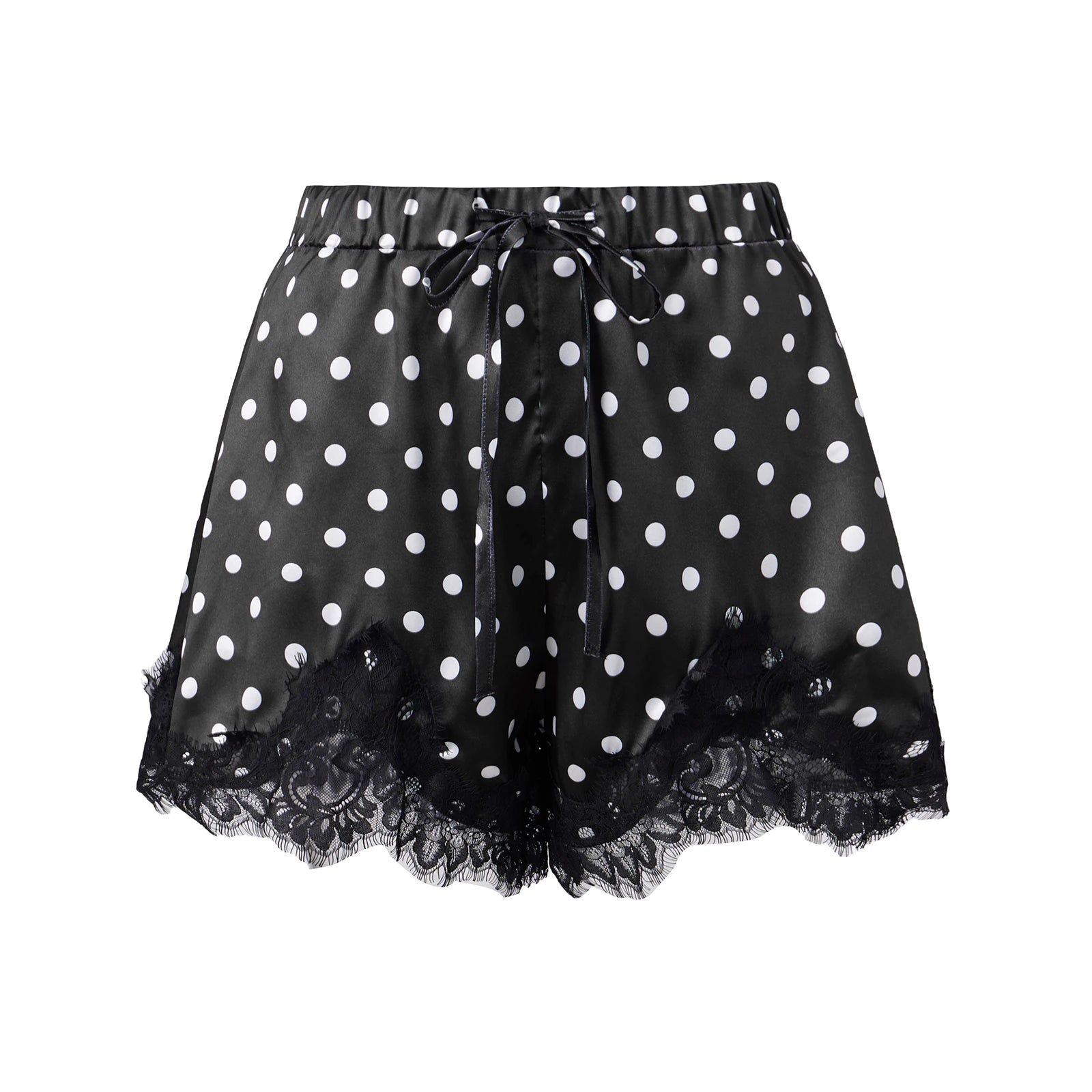 Black and white polka dot cotton pajama bottoms for women with lace trim