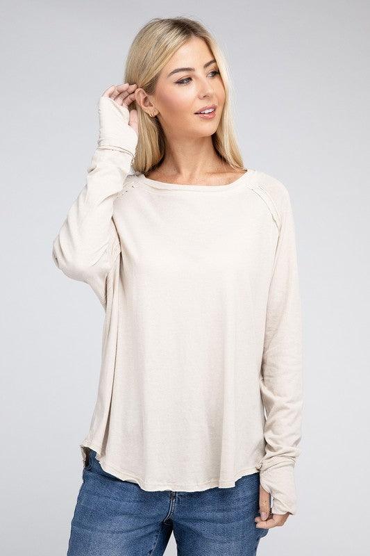 Women's Shirts Cotton Raglan Sleeve Thumbhole Top