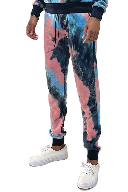 WEIV cotton tye dye sweatpants in pink black and blue with drawstring waist and cuffed ankles