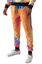 WEIV cotton tye dye sweatpants in vibrant orange blue and pink with black cuffs and drawstring