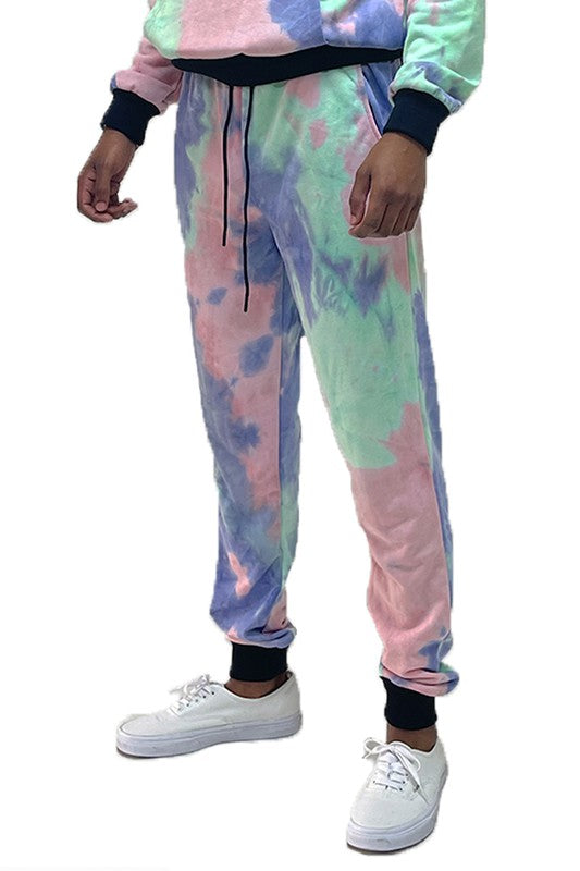 WEIV cotton tye dye sweatpants in pastel pink green and purple with black cuffs and drawstring waistband