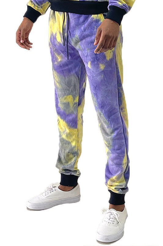 WEIV cotton tye dye sweatpants in purple yellow and gray with drawstring waist and cuffed ankles