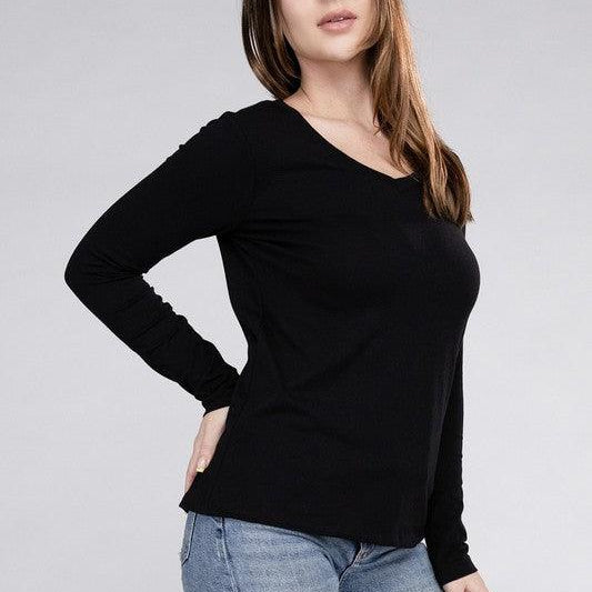 Women's Shirts Cotton V-Neck Long Sleeve T-Shirt