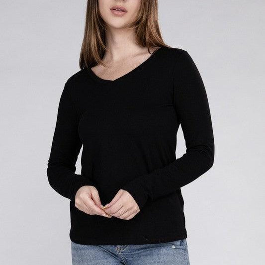 Women's Shirts Cotton V-Neck Long Sleeve T-Shirt