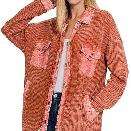 Women's Coats & Jackets Cotton Waffle Acid Wash Shacket