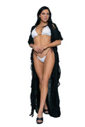 Women's black cover-up with fringe, perfect for beach or poolside use