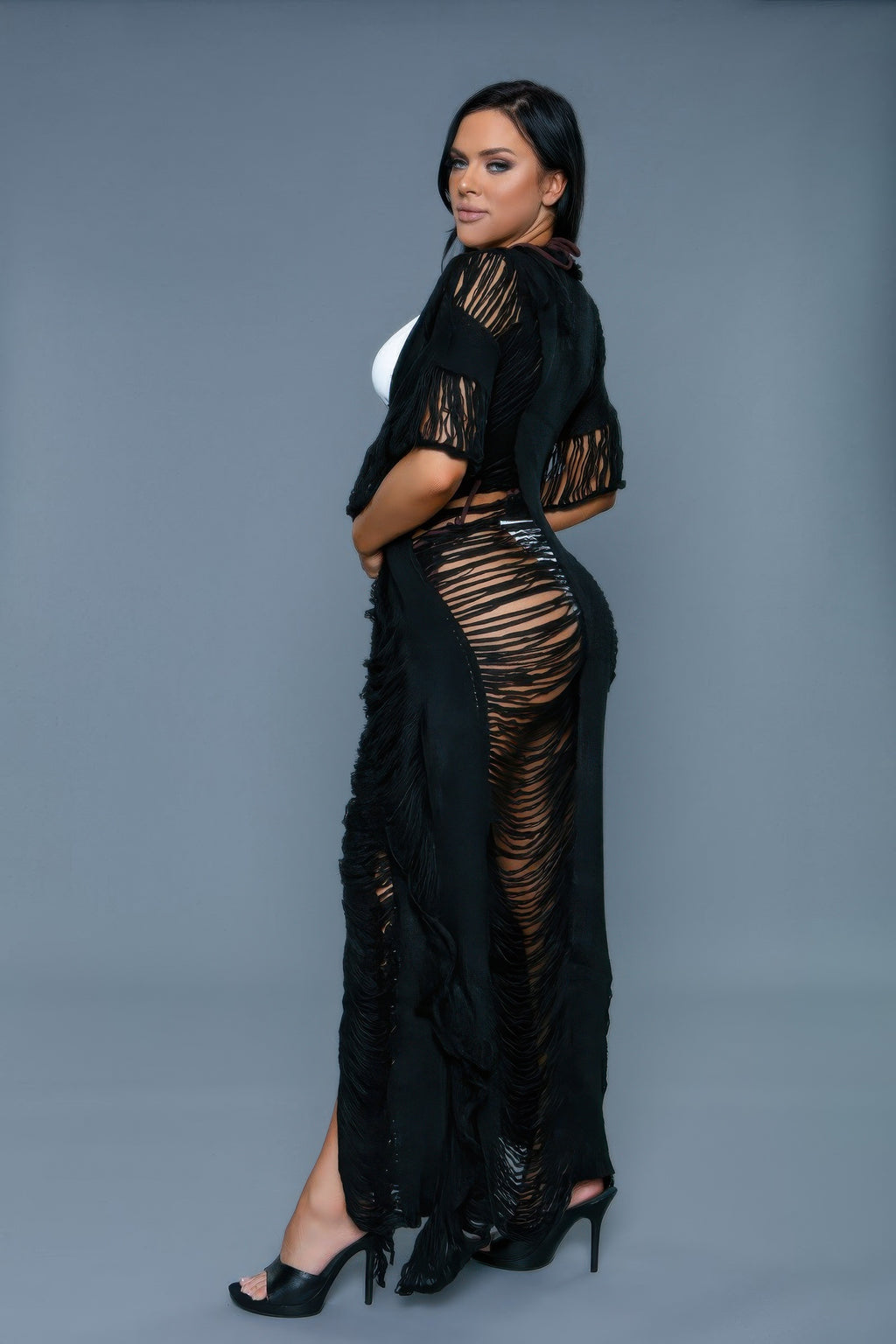Women's black swim cover-up, sheer fabric, perfect for beach days