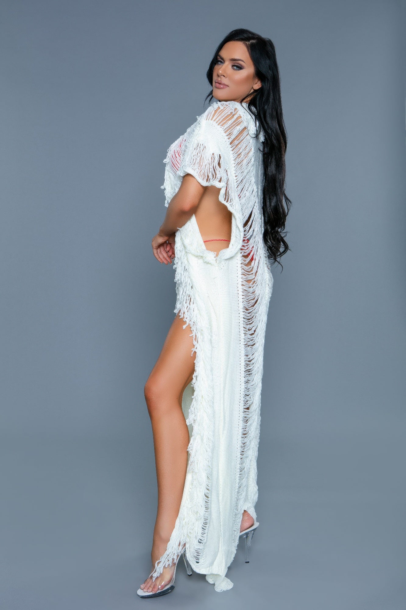 Women's white cover-up dress with fringe for beach or pool use