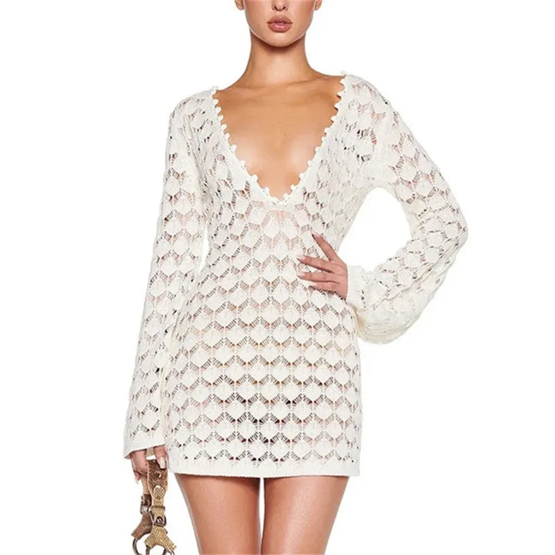 Women's white crochet cover up for the beach with long sleeves