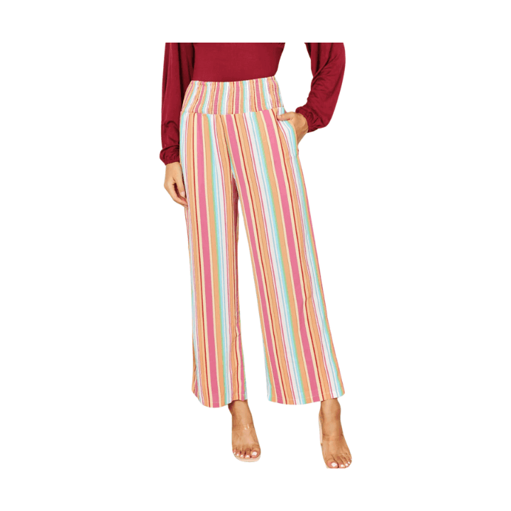 Double Take Striped Smocked Waist Pants with Pockets - VacationGrabs