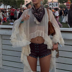 Women's sheer white coverup for beach with ruffles and flowy sleeves