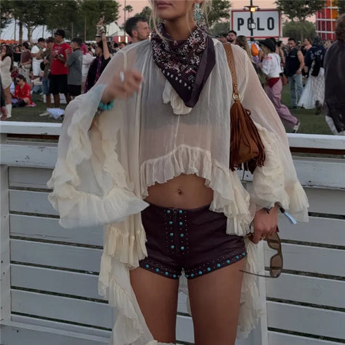 Women's sheer white coverup for beach with ruffles and flowy sleeves