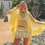 Yellow sheer coverup for beach with ruffles and flowy sleeves