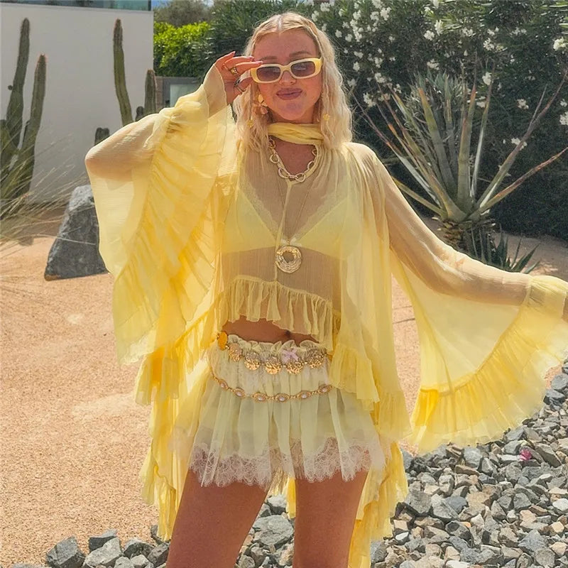 Yellow sheer coverup for beach with ruffles and flowy sleeves