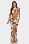 Women’s brown and white tie-dye maxi dress, perfect for summer parties