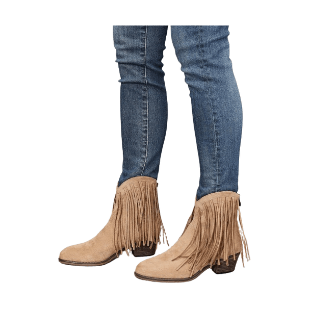 Women's tan suede cowboy boots with fringe, perfect for casual wear