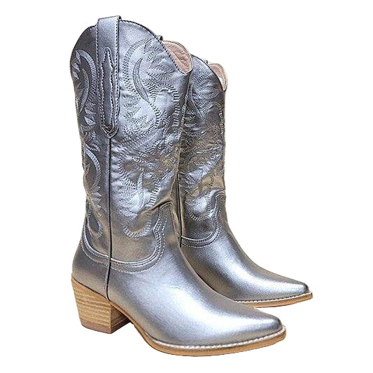 Women's silver cowboy western boots with decorative stitching for casual wear