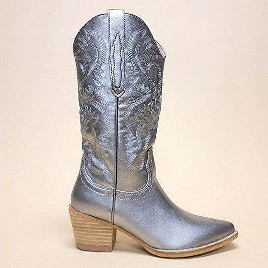 Women's silver cowboy western boots with stylish embroidery for casual wear