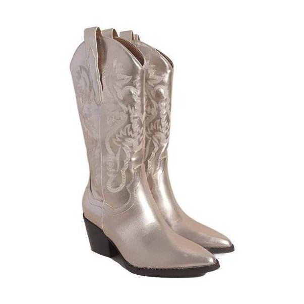 Women's silver cowboy western boots with stylish embroidery for casual wear