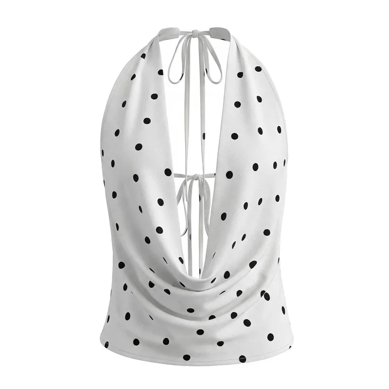 Women's white cowl neck top with black polka dots for casual wear