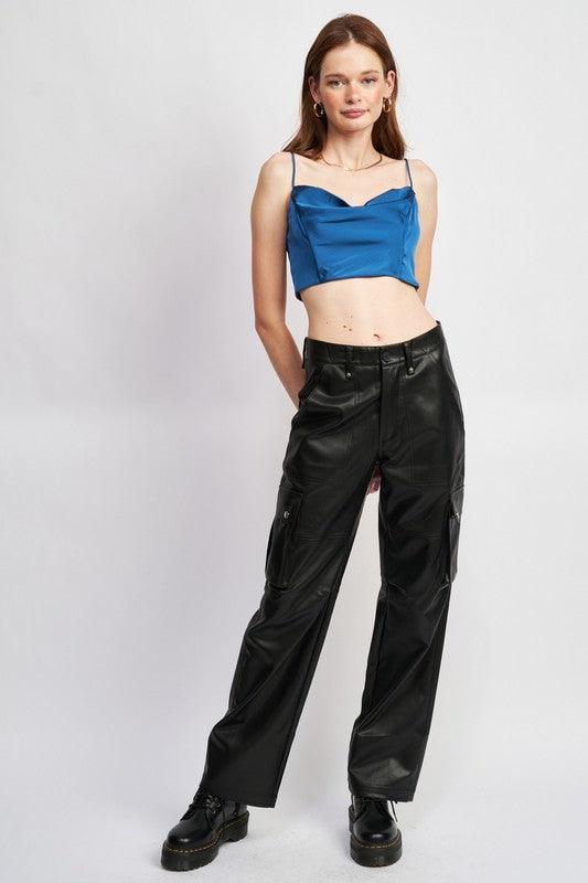 Women's Shirts - Cropped Tops Cowl Neck Satin Bustier Blue