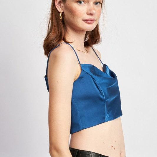 Women's Shirts - Cropped Tops Cowl Neck Satin Bustier Blue