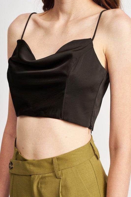 Emory Park black cowl neck satin bustier online with thin straps and a fitted design