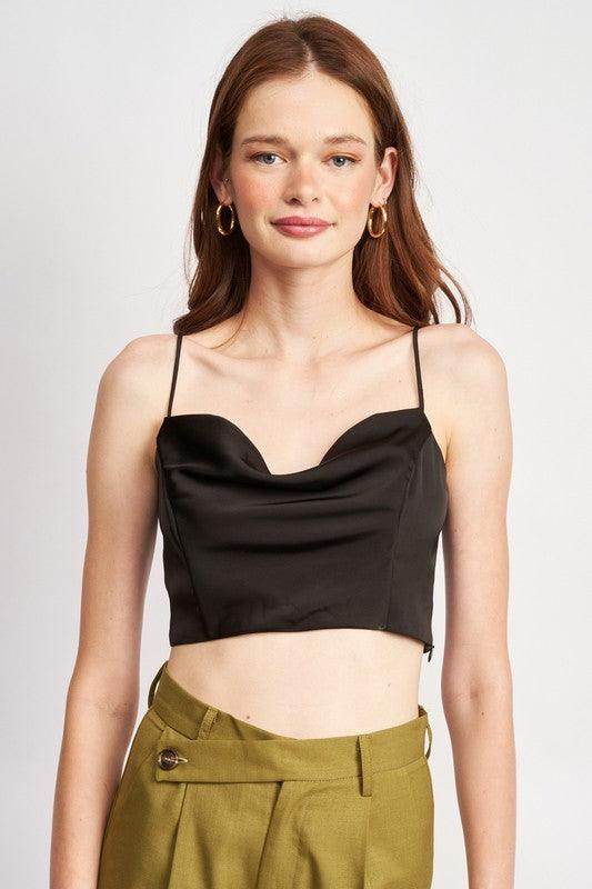 Emory Park cowl neck satin bustier online in black fabric with adjustable straps for a trendy look