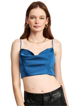 Emory Park Cowl Neck Satin Bustier online in blue with a cropped cut and spaghetti straps
