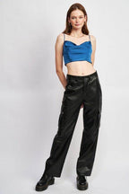 Women's Emory Park Cowl Neck Satin Bustier Online in Blue, paired with black pants for a stylish look