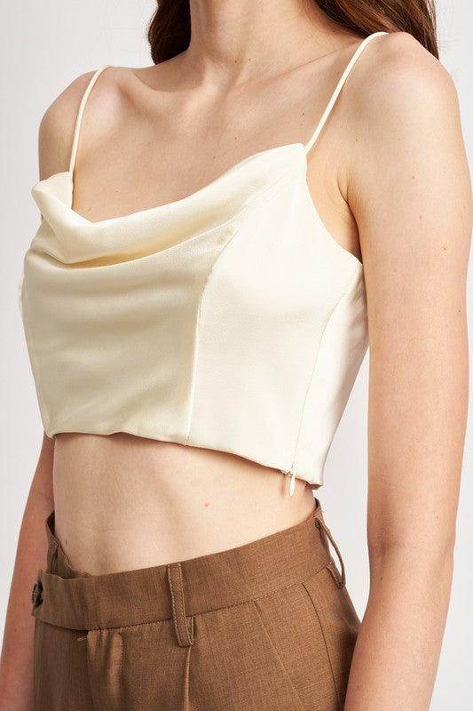 Emory Park cowl neck satin bustier online featuring a relaxed fit and delicate straps