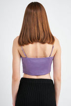 Back view of Emory Park women's cropped top featuring a cowl neck satin bustier online in purple color