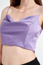 Emory Park cowl neck satin bustier online in soft lavender color with delicate spaghetti straps