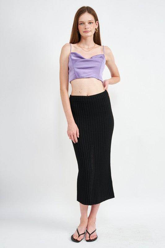 Emory Park women's cropped cowl neck satin bustier online in lavender paired with a black ribbed skirt