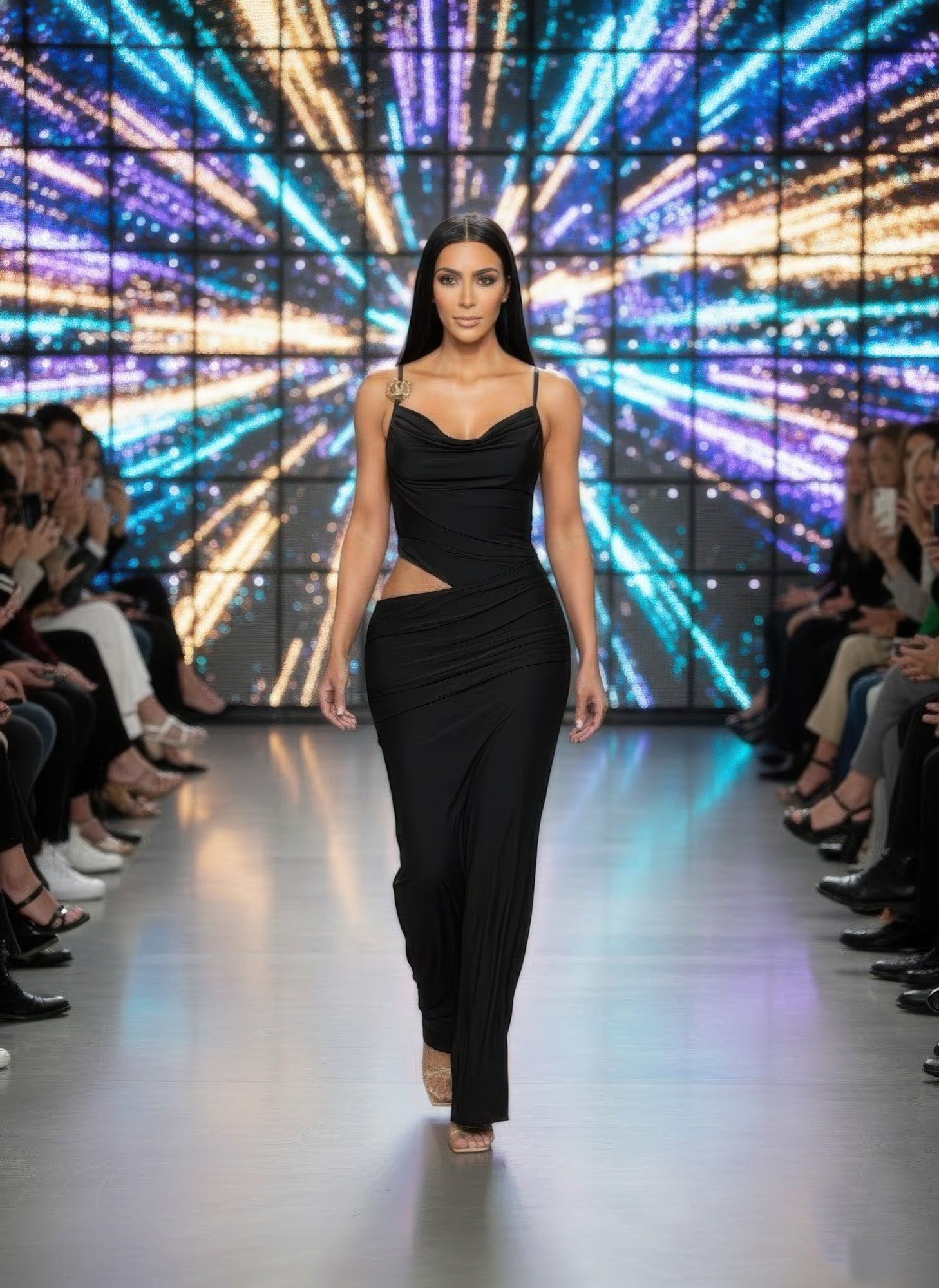 Women's black cowl neckline two-piece maxi dress for clubwear