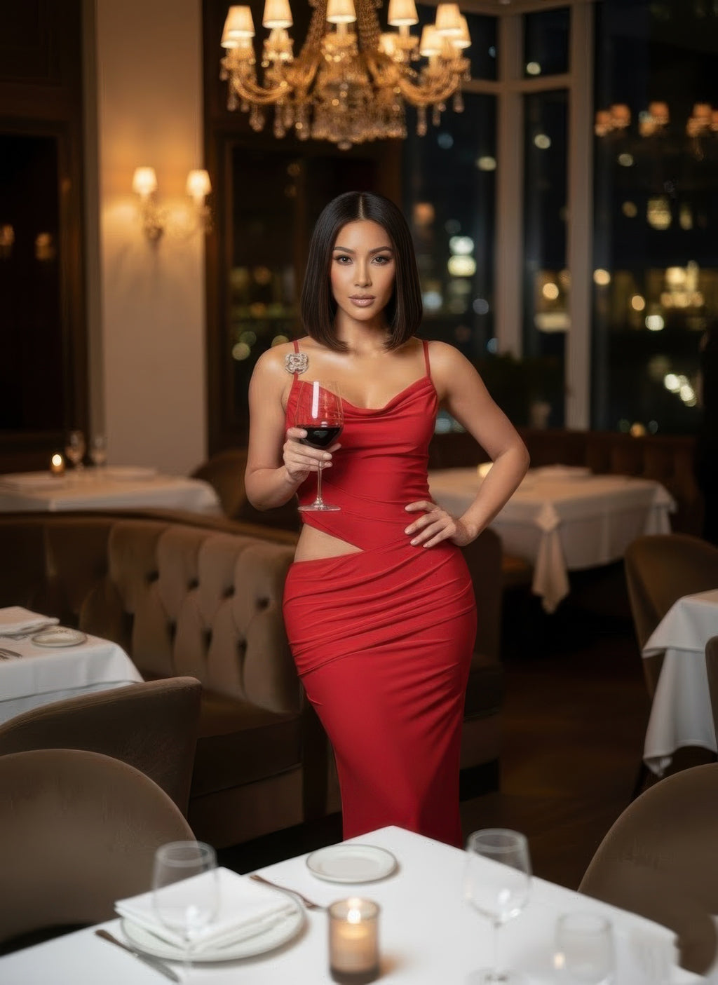 Women's red cowl neckline two-piece maxi dress, perfect for evening outings