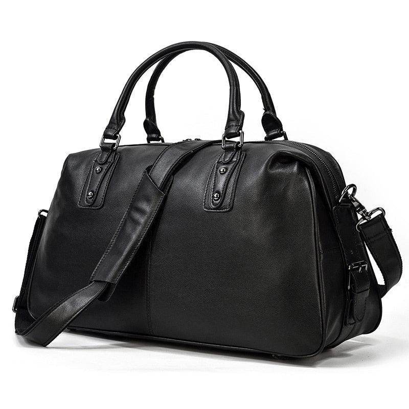 Stylish cowskin leather travel bag with sturdy handles and adjustable shoulder strap for easy carrying