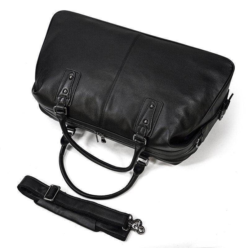 Cowskin leather travel bag from VacationGrabs with adjustable shoulder strap and sturdy handles