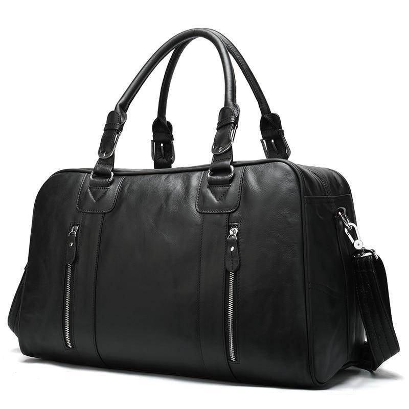 VacationGrabs cowskin leather travel bag with durable handles and zippered pockets for easy organization