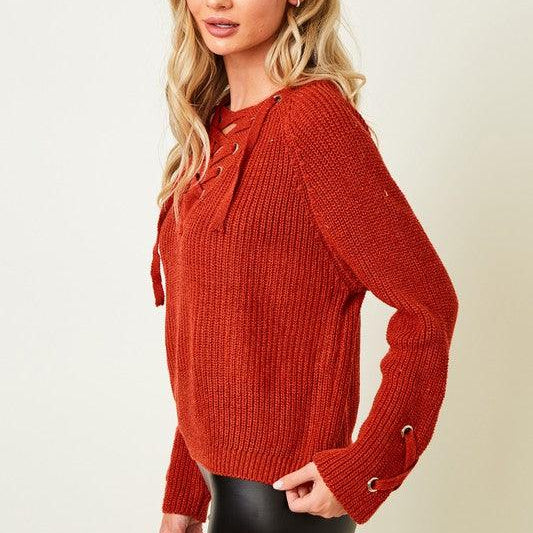 Women's Sweaters Cozy Knit Eyelet Drawstring Lace Up Front Sweater